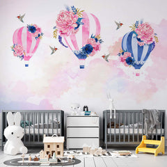 Custom Kids Wall Murals Watercolor Hot Air Balloons Peony Flowers Pink Sky Wallpaper for Girl