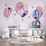 Kids Wall Murals Watercolor Hot Air Balloons Peony Flowers Pink Sky Wallpaper for Girl