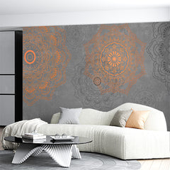 Custom Orange and Gray Mandala Pattern Wallpaper