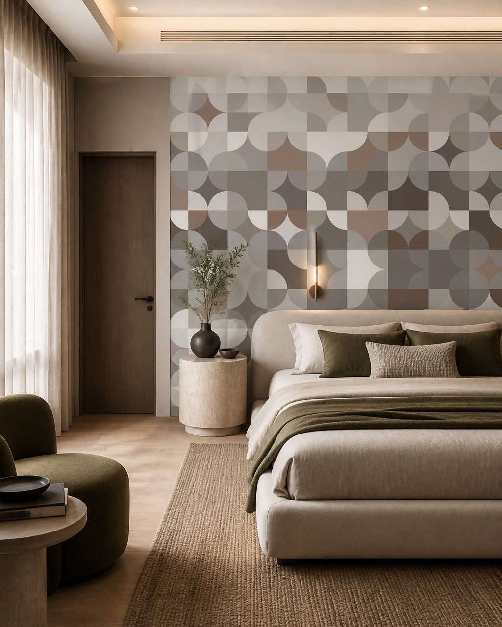 Geometric circles pattern wallpaper in a designer bedroom.