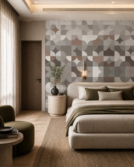 Geometric circles pattern wallpaper in a designer bedroom.