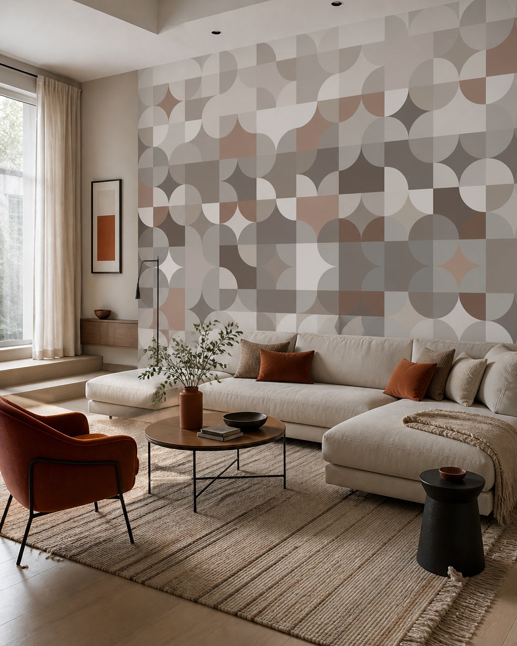 Geometric circles pattern wallpaper in a designer living room.