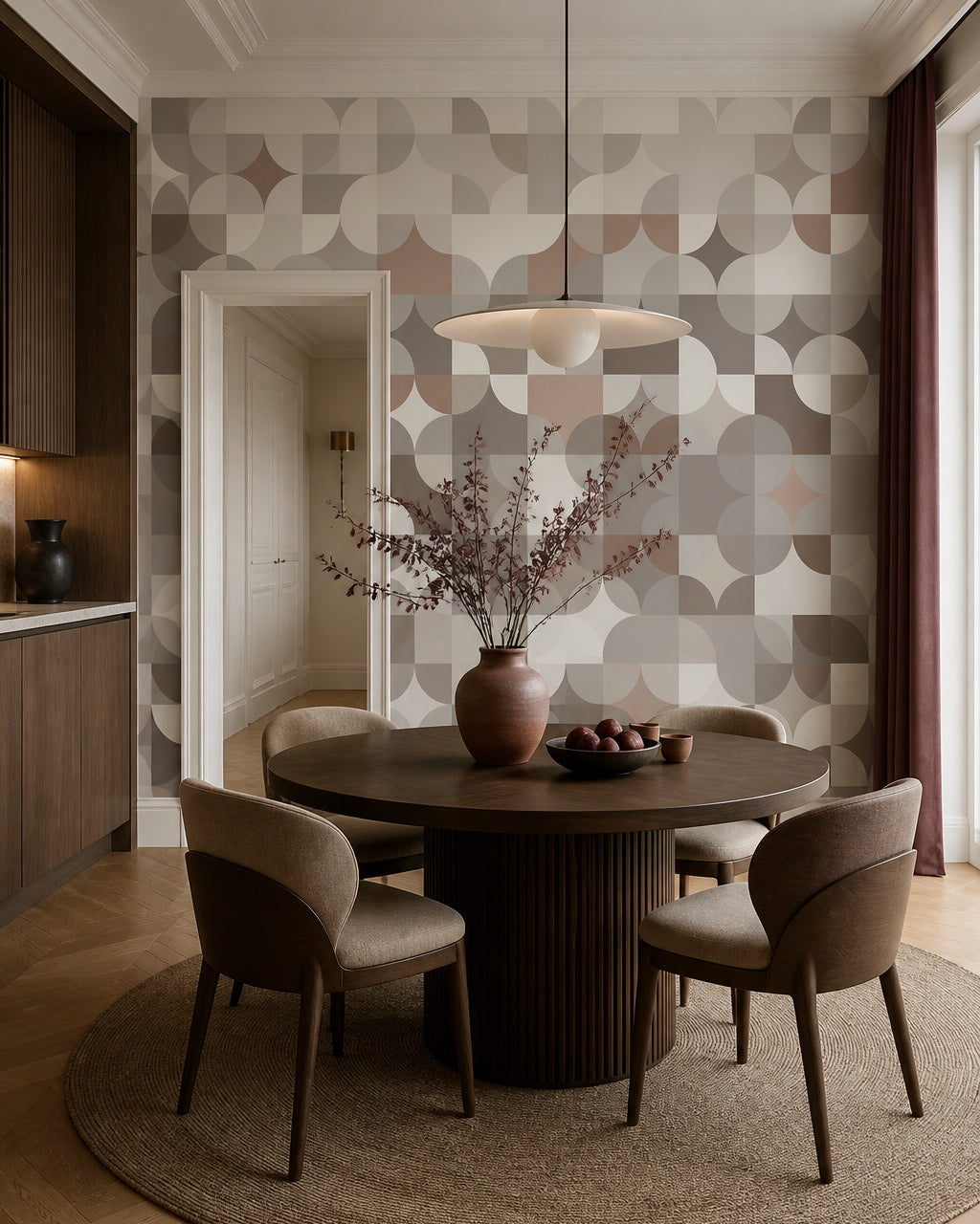 Geometric circles pattern wallpaper in a refined dining area.