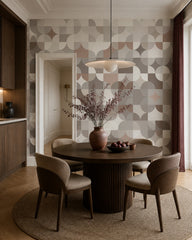 Geometric circles pattern wallpaper in a refined dining area.
