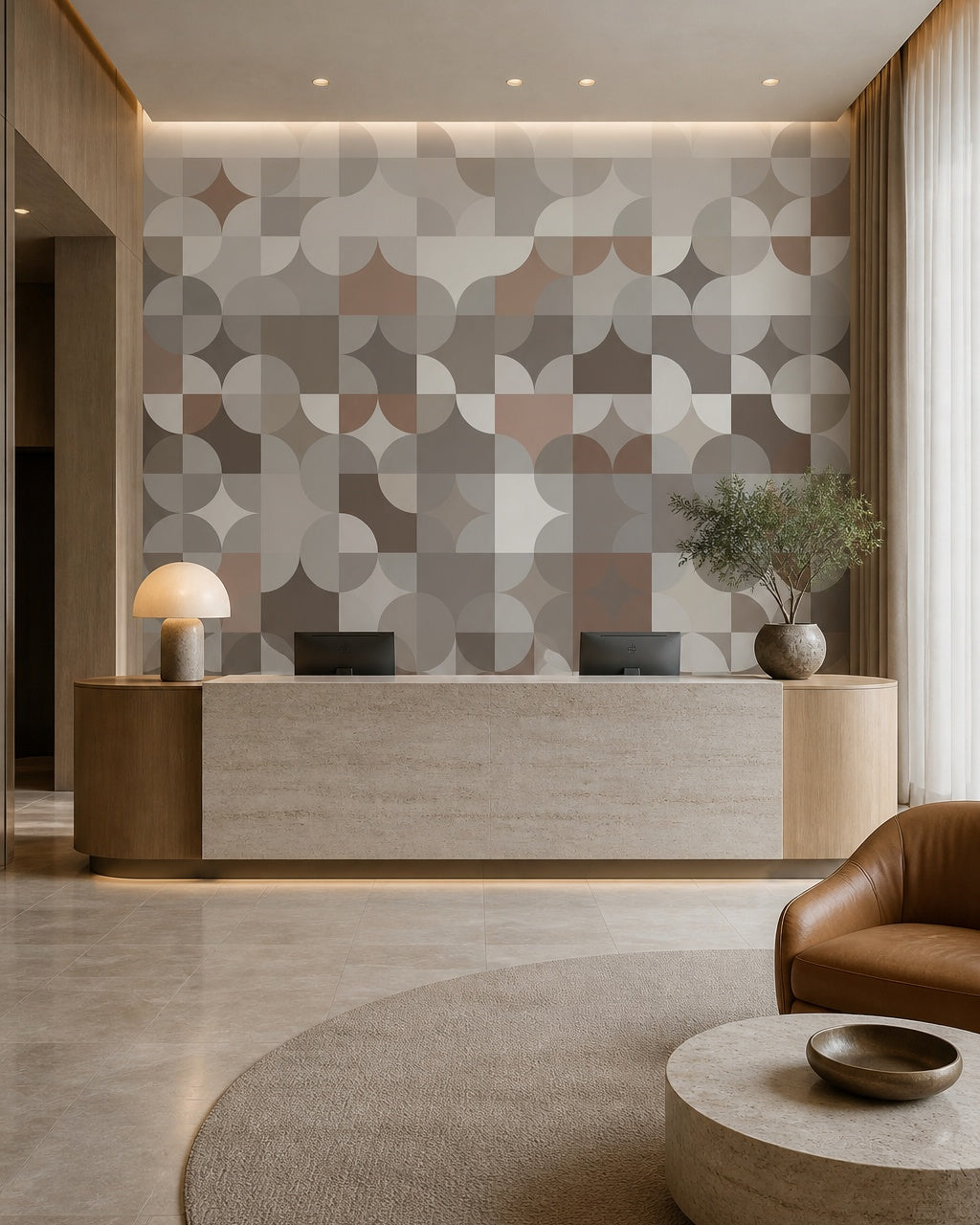 Geometric circles pattern wallpaper at a hotel reception desk.