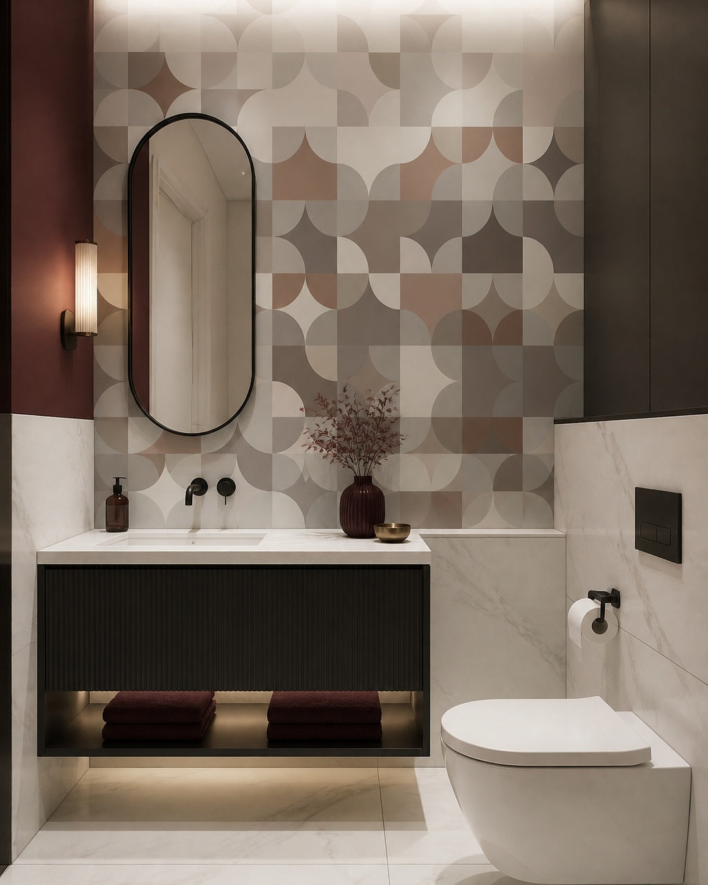 Geometric circles pattern wallpaper in a luxury bathroom.