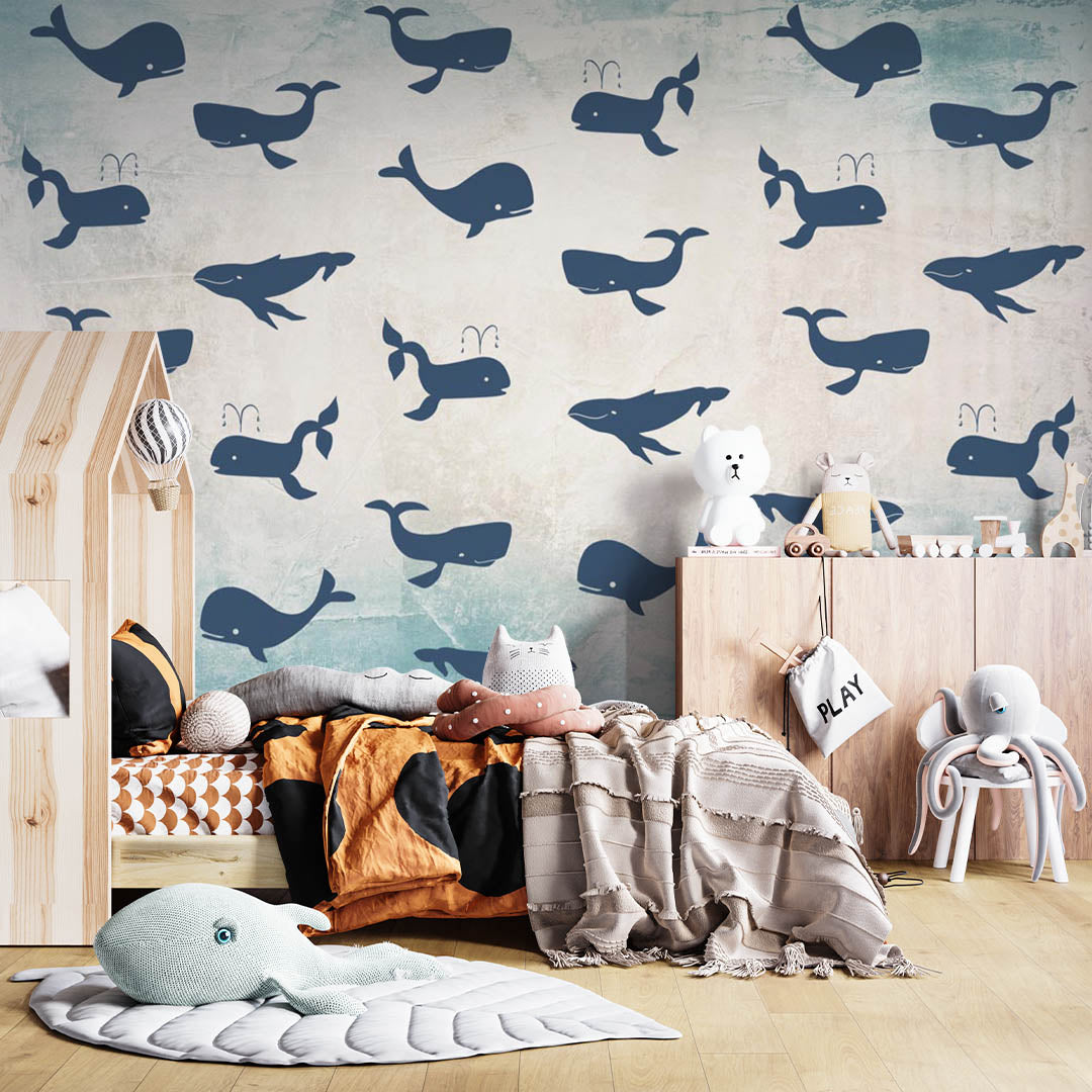 Kids Wall Mural Blue Whale Silhouette Pattern Wallpaper for Kids