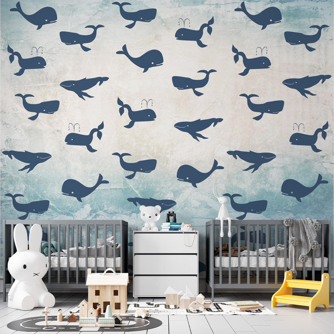 Kids Wall Mural Blue Whale Silhouette Pattern Wallpaper for Kids