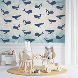 Custom Kids Wall Mural Blue Whale Silhouette Pattern Wallpaper for Kids