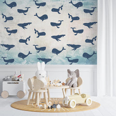 Navy whale silhouettes pattern on a distressed blue and white background – view 4