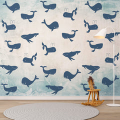 Navy whale silhouettes pattern on a distressed blue and white background