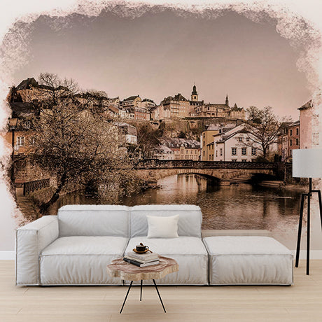 Custom Vintage European Village Wall Mural - Scenic Riverside and Historic Hilltop Town