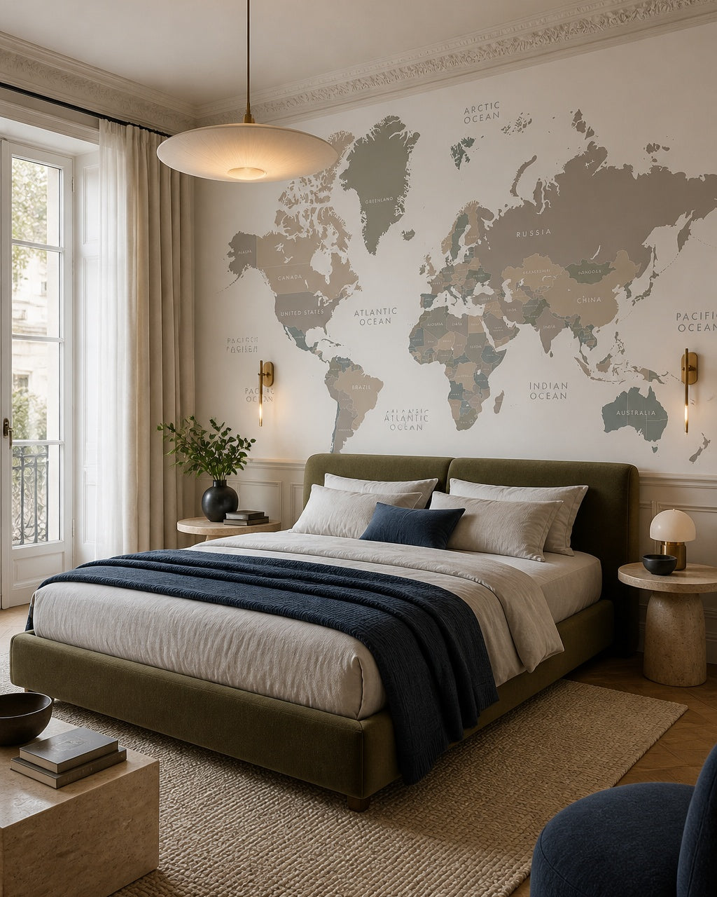 Neutral world map wallpaper in a designer bedroom.