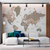 Neutral-Toned World Map Wall Mural Wallpaper with Modern Minimalist Design