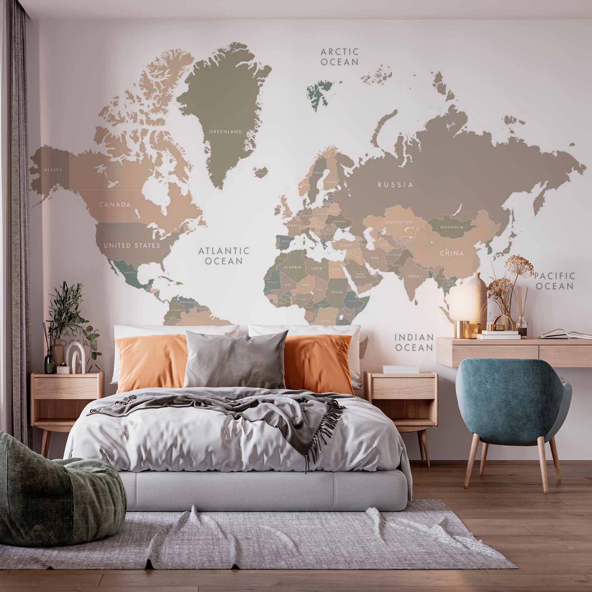 Neutral-Toned World Map Wall Mural Wallpaper with Modern Minimalist Design