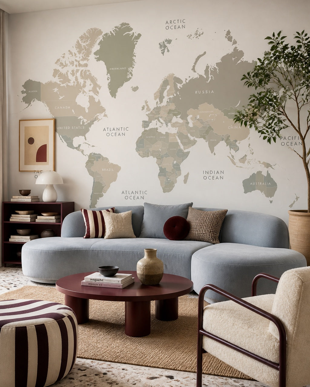 Neutral world map wallpaper in a designer living room.