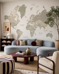 Neutral world map wallpaper in a designer living room.
