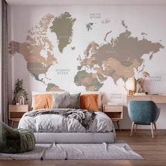 Custom Neutral-Toned World Map Wall Mural Wallpaper with Modern Minimalist Design