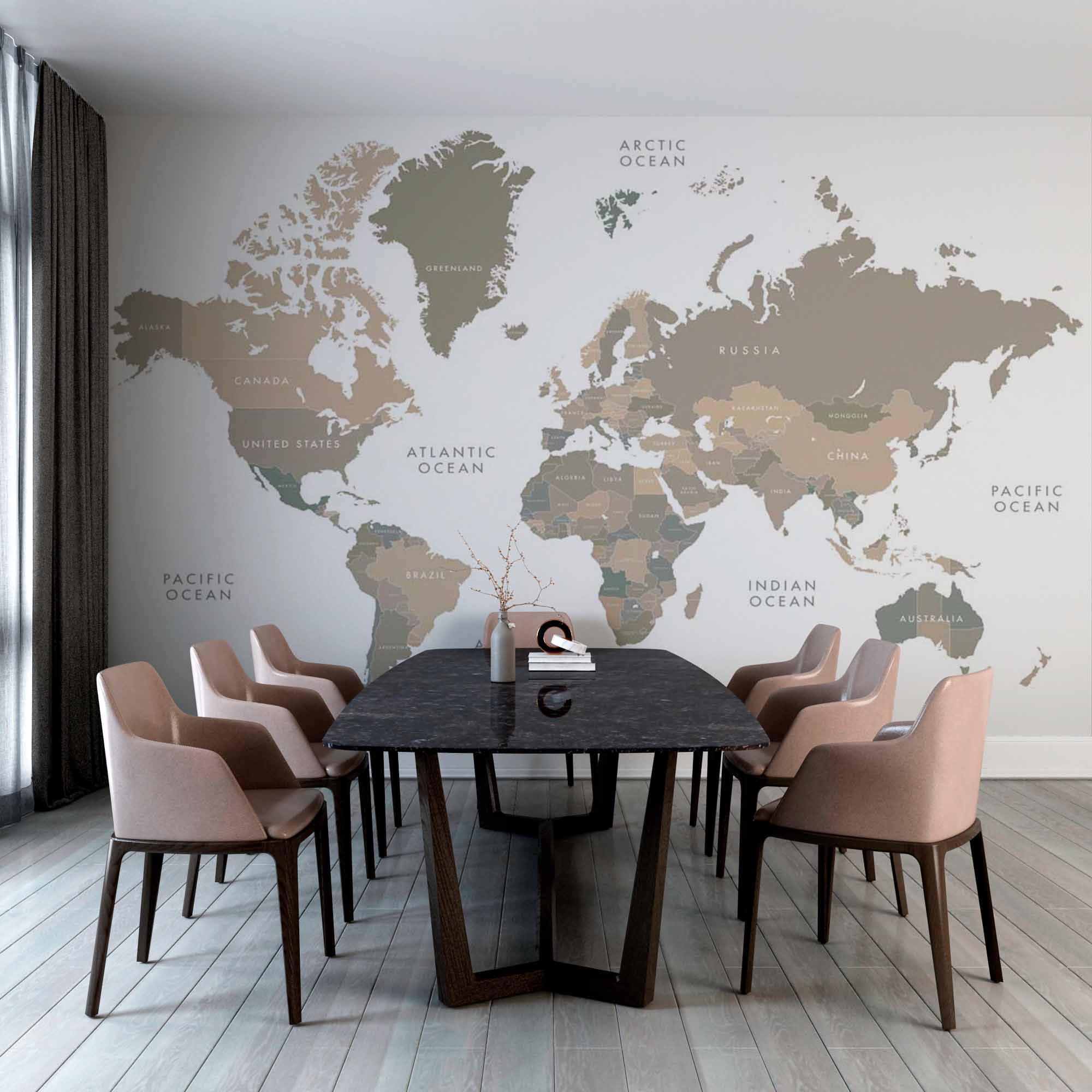 Neutral-Toned World Map Wall Mural Wallpaper with Modern Minimalist Design