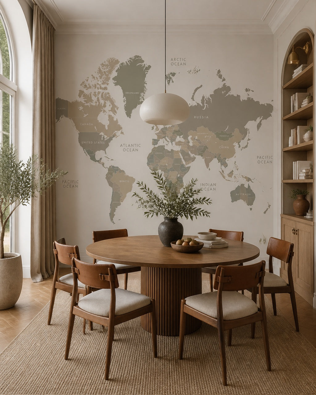 Neutral world map wallpaper in a refined dining area.