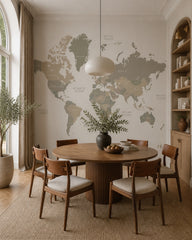 Neutral world map wallpaper in a refined dining area.