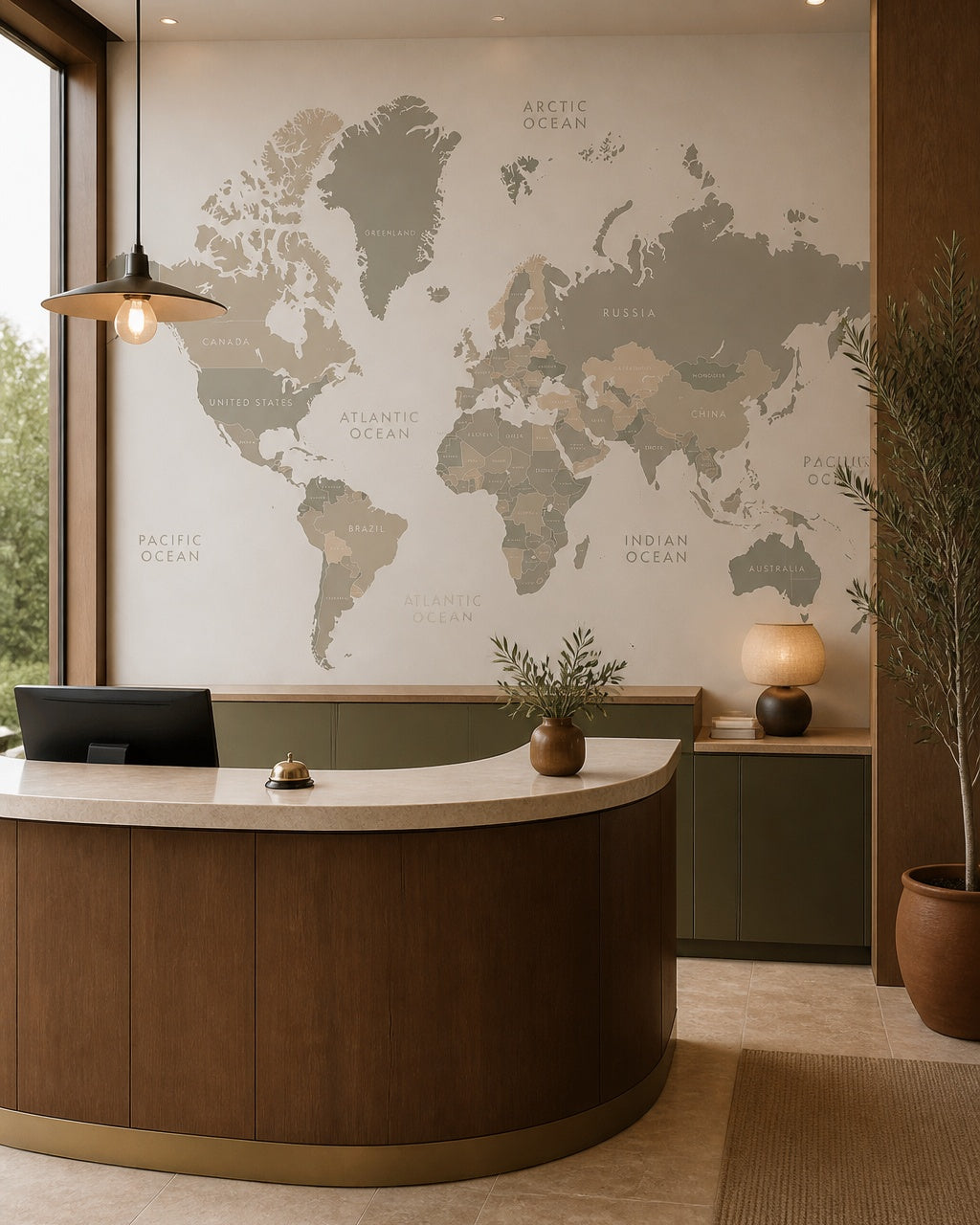 Neutral world map wallpaper at a hotel reception desk.
