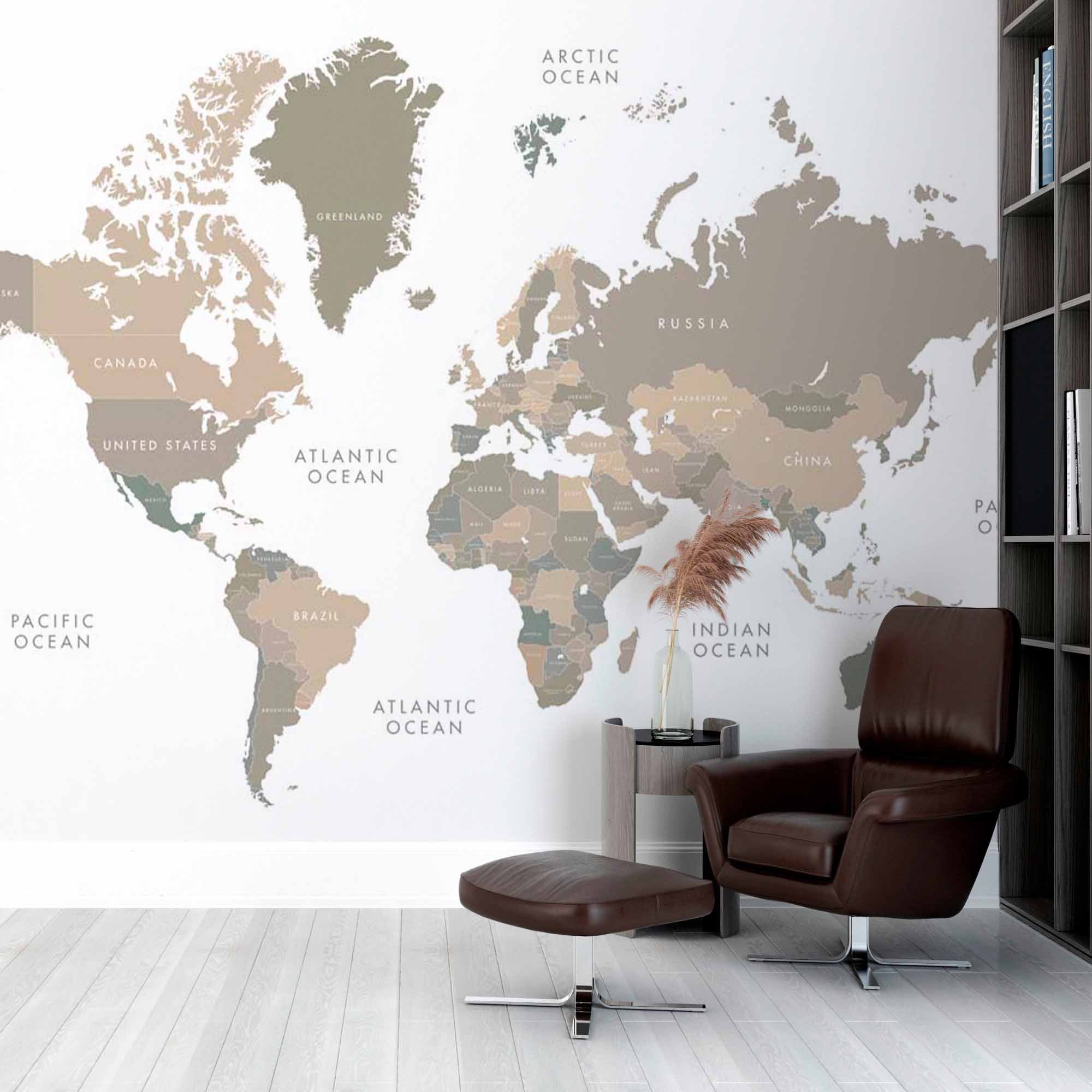 Neutral-Toned World Map Wall Mural Wallpaper with Modern Minimalist Design