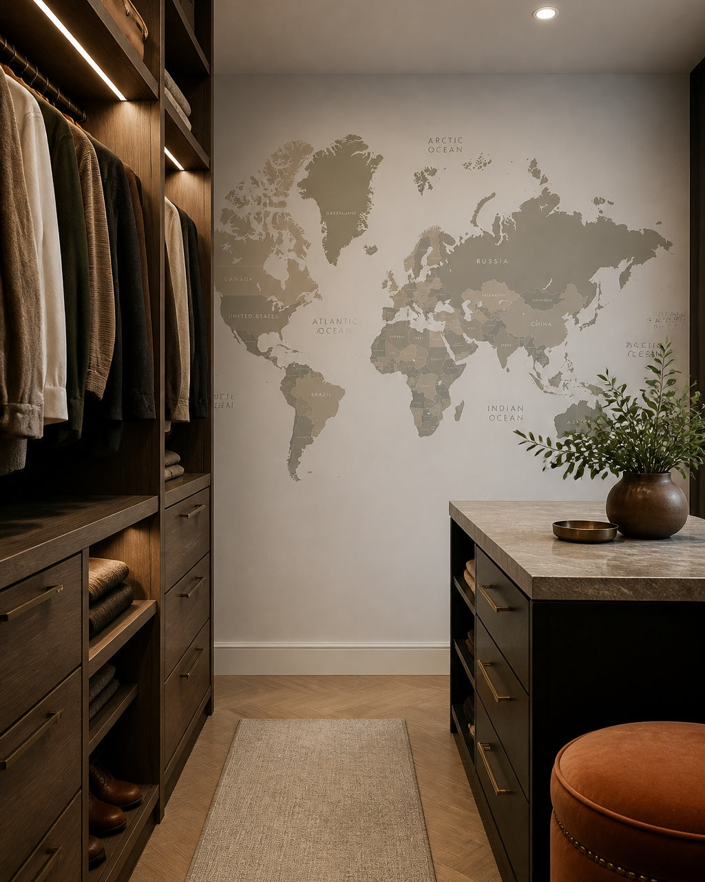 Neutral world map wallpaper in a walk-in wardrobe.