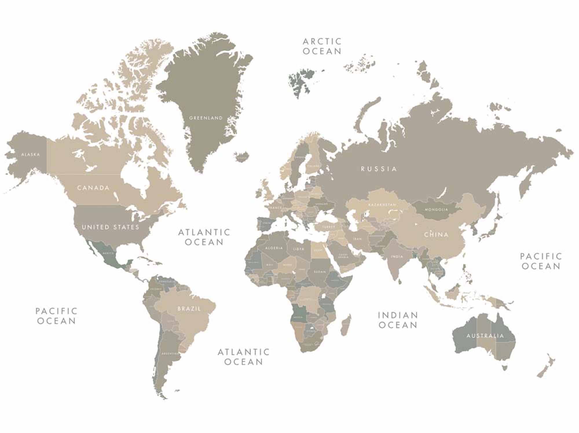 Tapeta ścienna z mapą świata w neutralnych kolorach o nowoczesnym, minimalistycznym designie