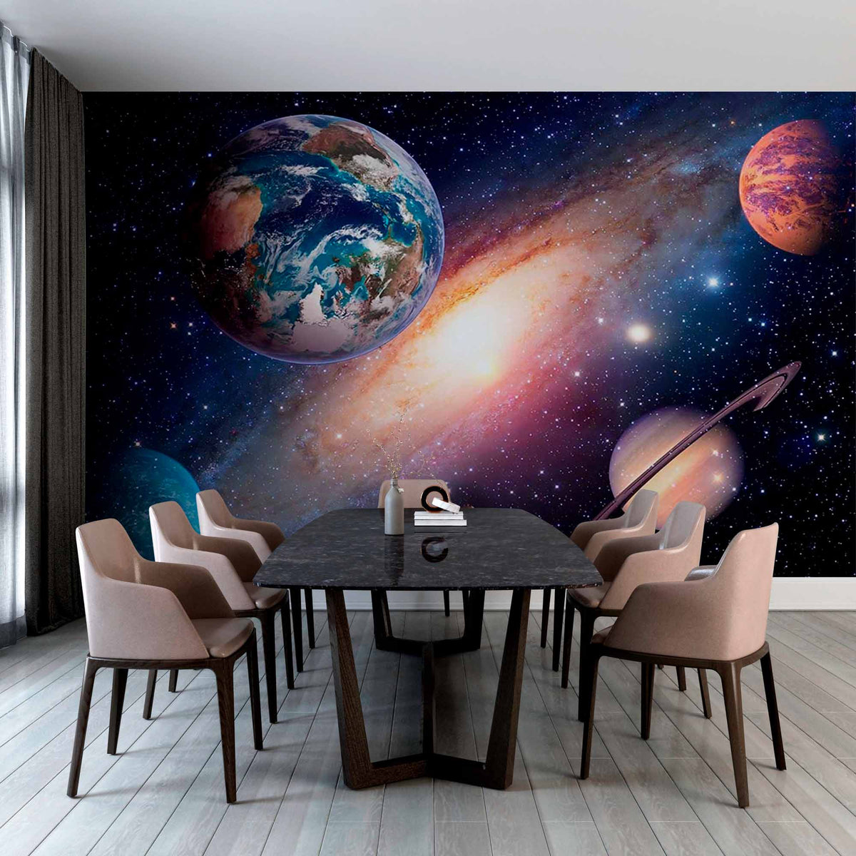 Custom Vibrant Galaxy Wall Mural Wallpaper with Planets and Nebula