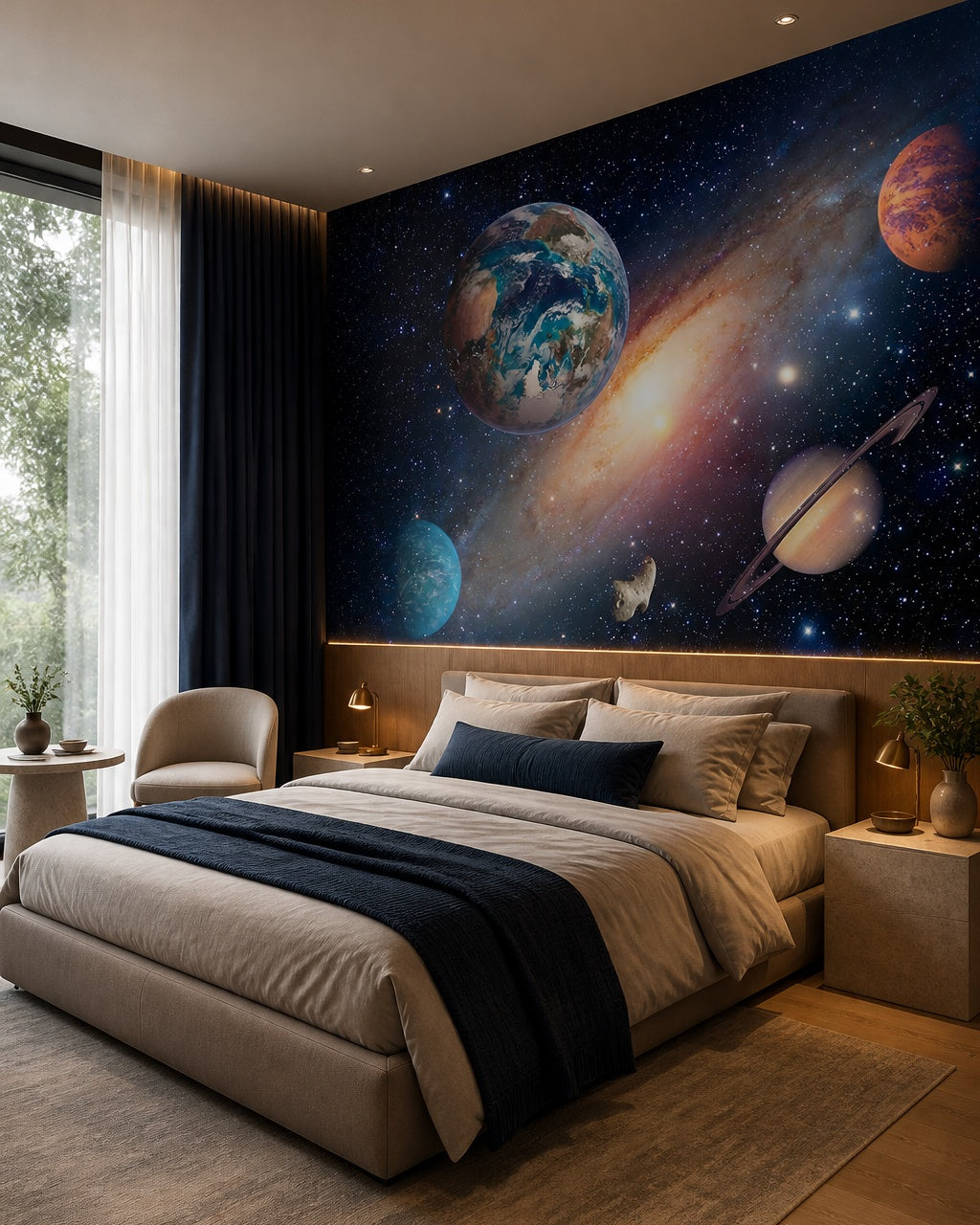 Galaxy with earth wallpaper in a designer bedroom.