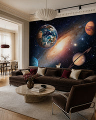 Galaxy with earth wallpaper in a designer living room.