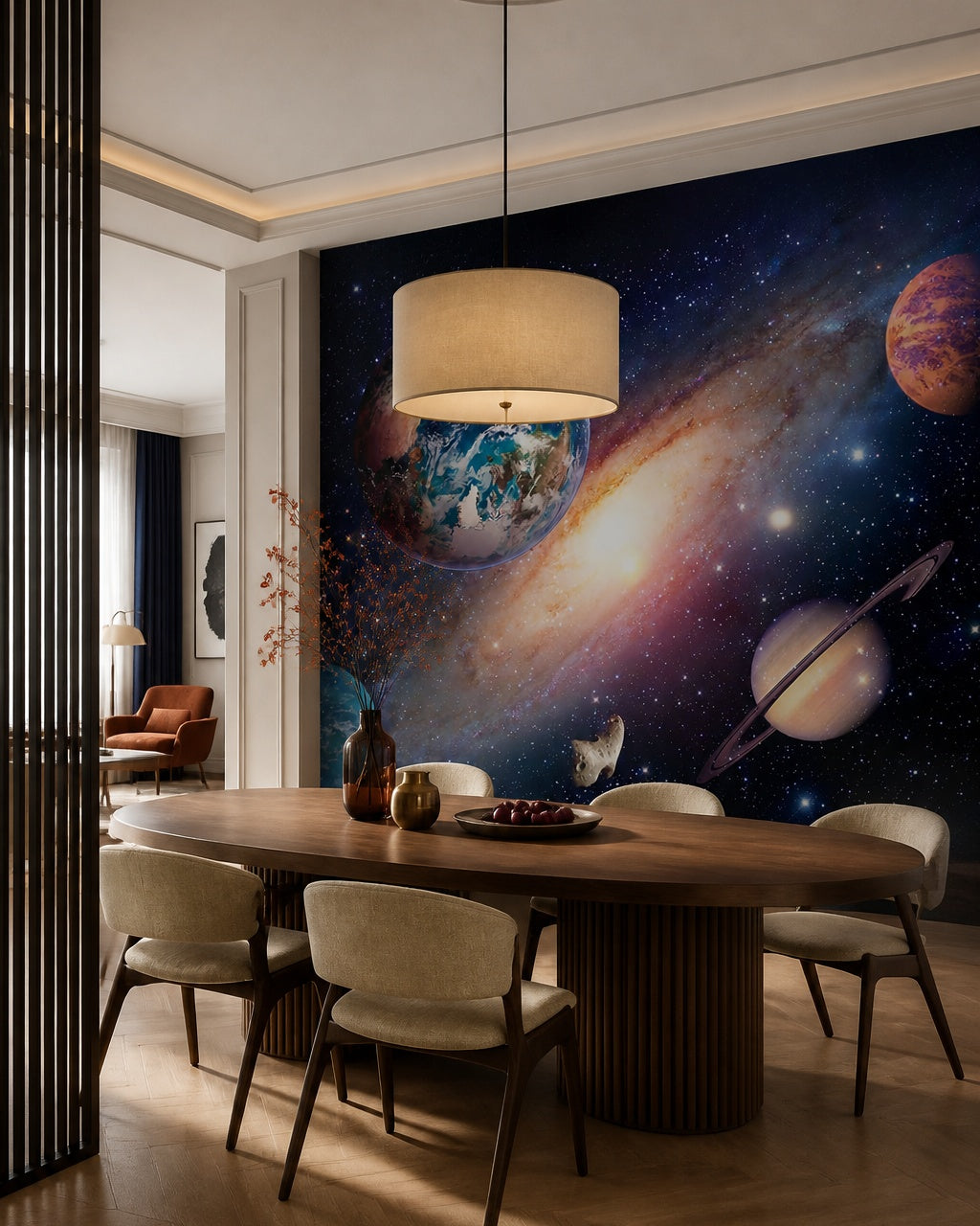 Galaxy with earth wallpaper in a refined dining area.