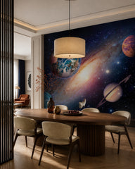 Galaxy with earth wallpaper in a refined dining area.