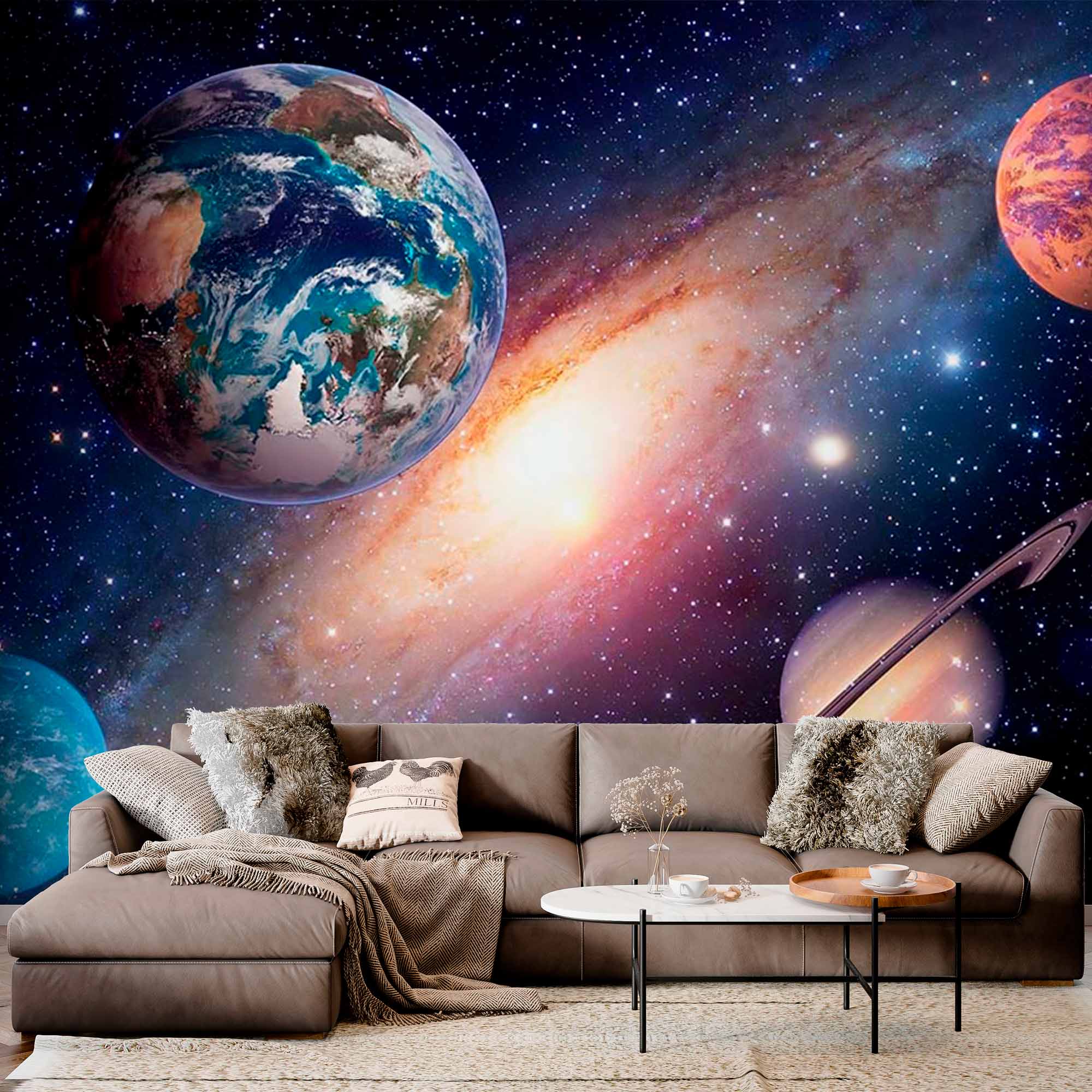 Vibrant Galaxy Wall Mural Wallpaper with Planets and Nebula