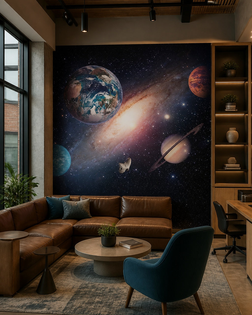 Galaxy with earth wallpaper in a creative office lounge.