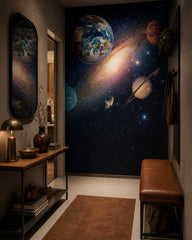 Galaxy with earth wallpaper in a designer entrance hall.