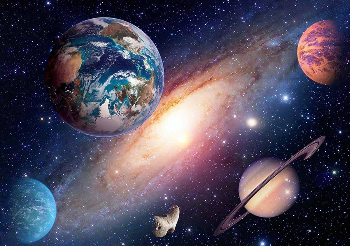 Papier peint galaxie avec la Terre – Papier peint panoramique planètes et nébuleuse