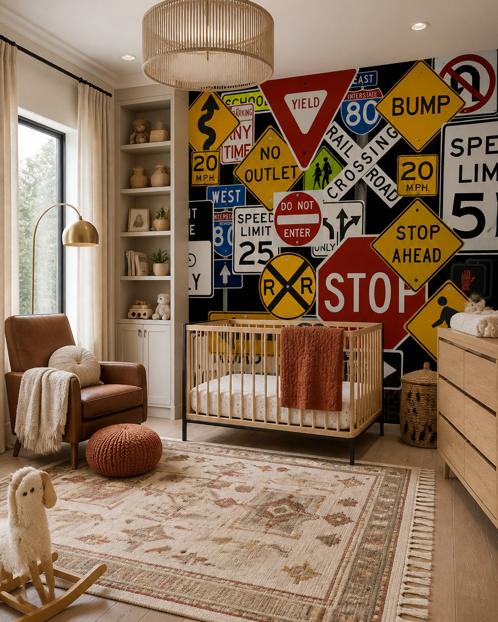 Road signs wallpaper in a modern nursery with a crib.
