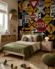 Road signs wallpaper in a girl’s bedroom.