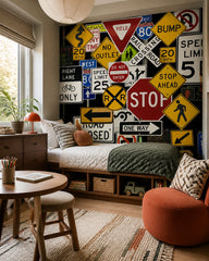 Road signs wallpaper in a boy’s bedroom.