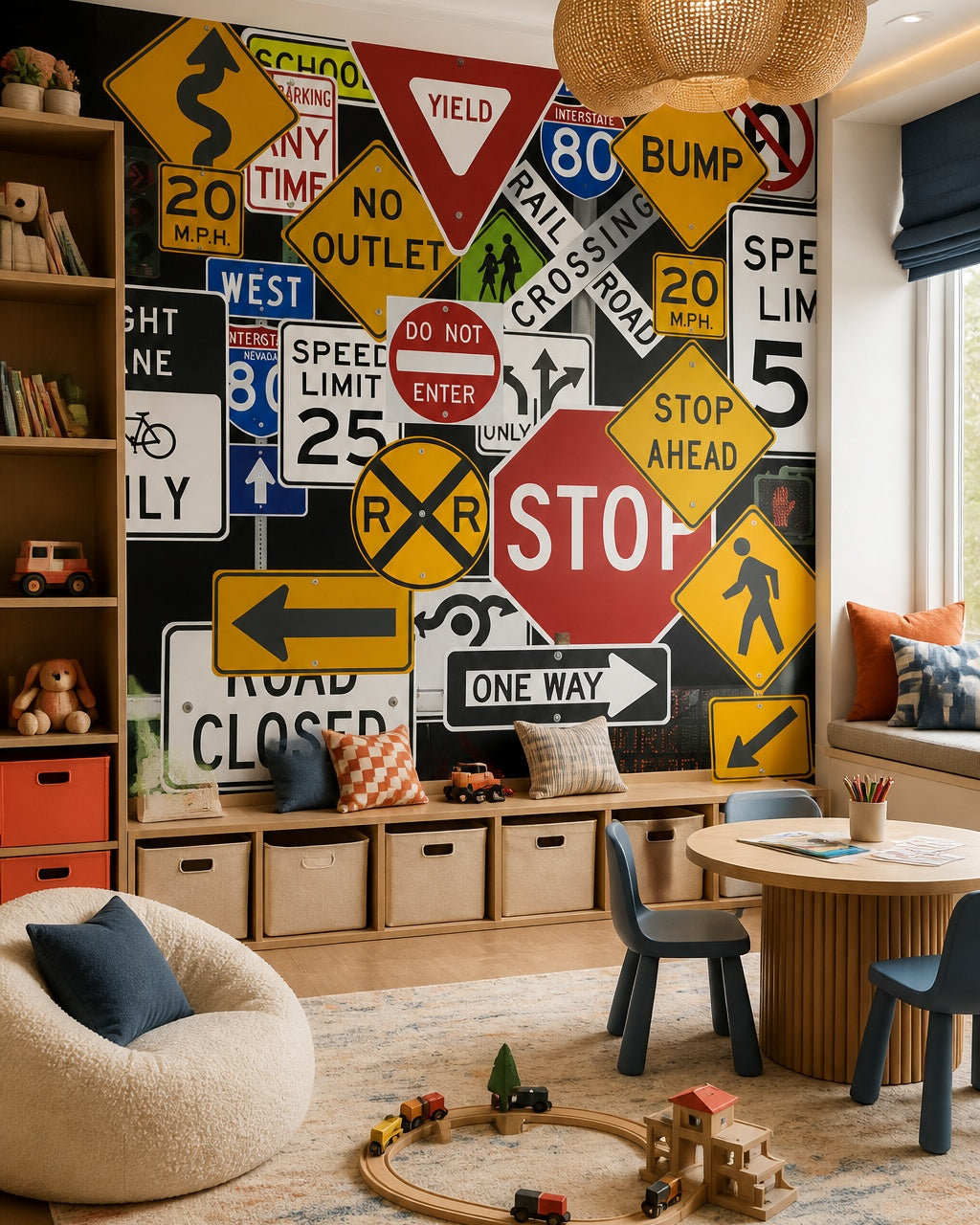 Road signs wallpaper in a children’s playroom.