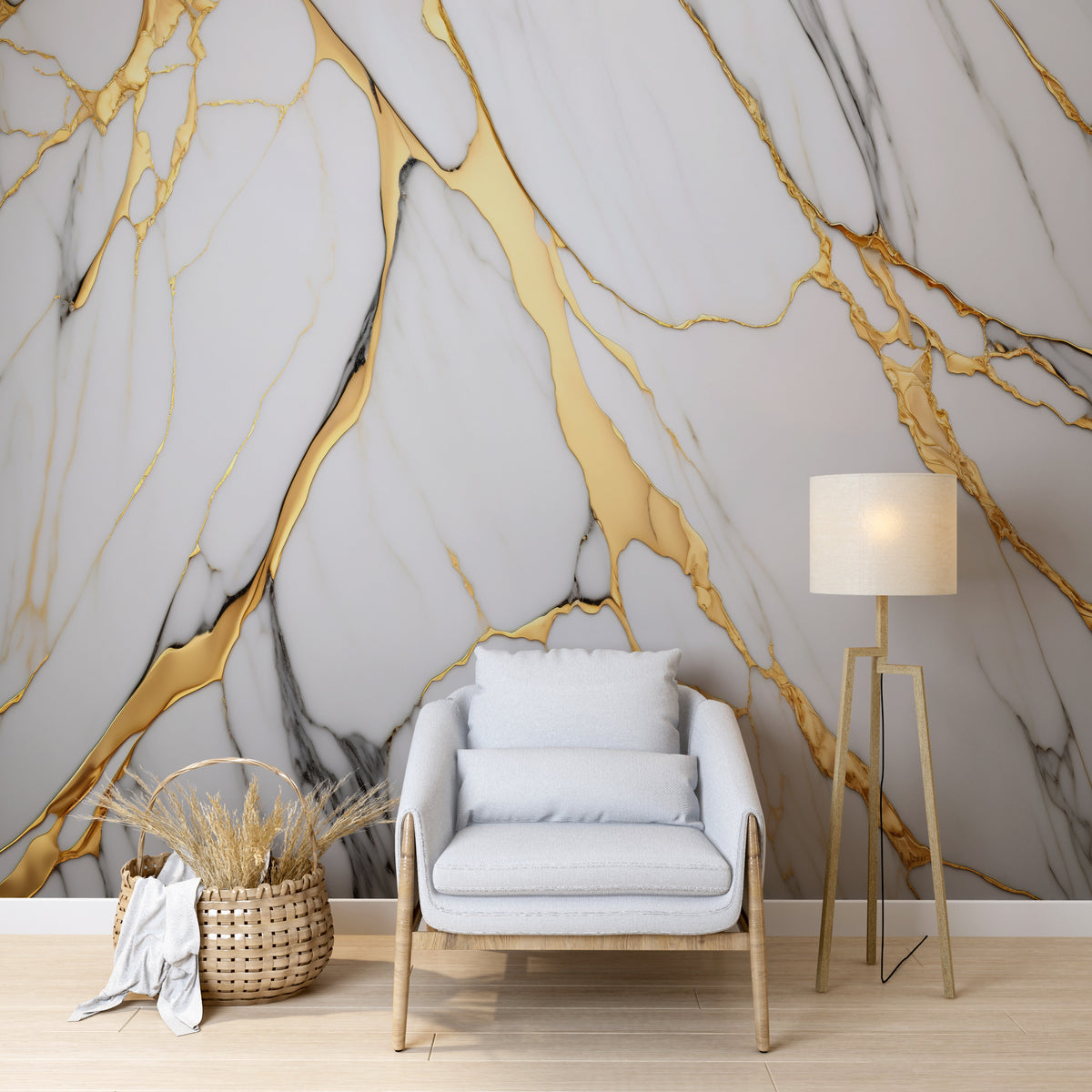 Fototapete Weißer Marmor mit Goldadern – Luxus im Kintsugi-Stil