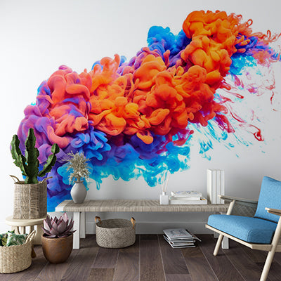 Dynamic Abstract Ink Swirl with Vibrant Orange and Blue Colors Wall Murals