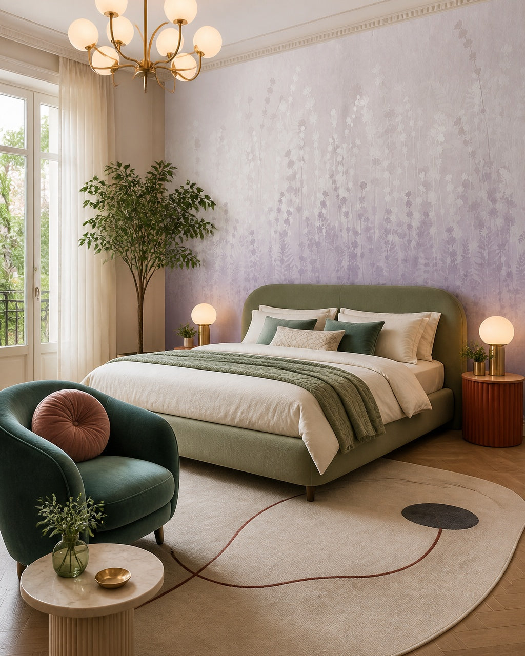Lavender field wallpaper in a designer bedroom.