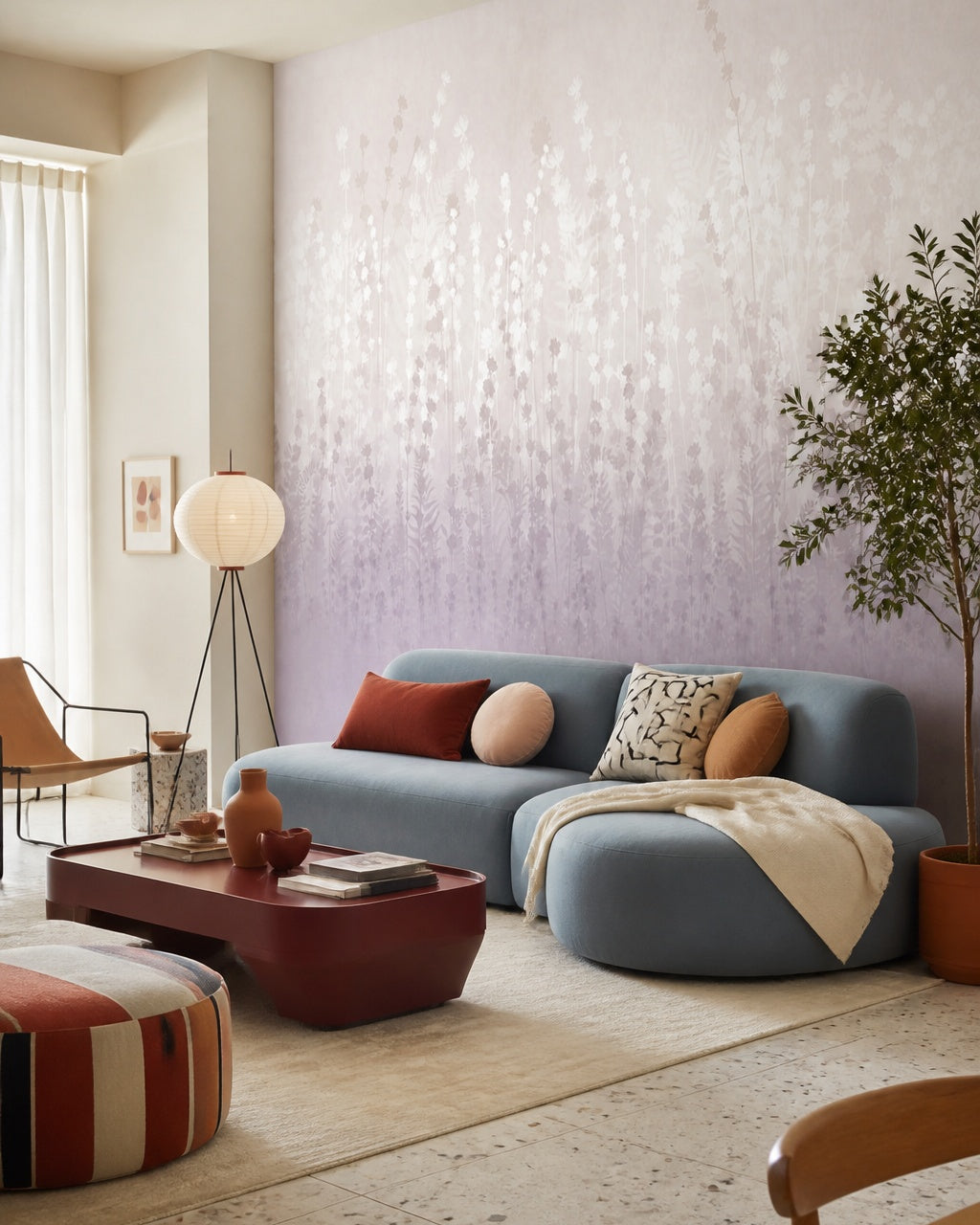 Lavender field wallpaper in a designer living room.