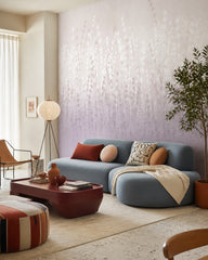 Lavender field wallpaper in a designer living room.