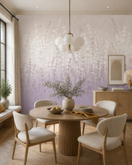 Lavender field wallpaper in a refined dining area.