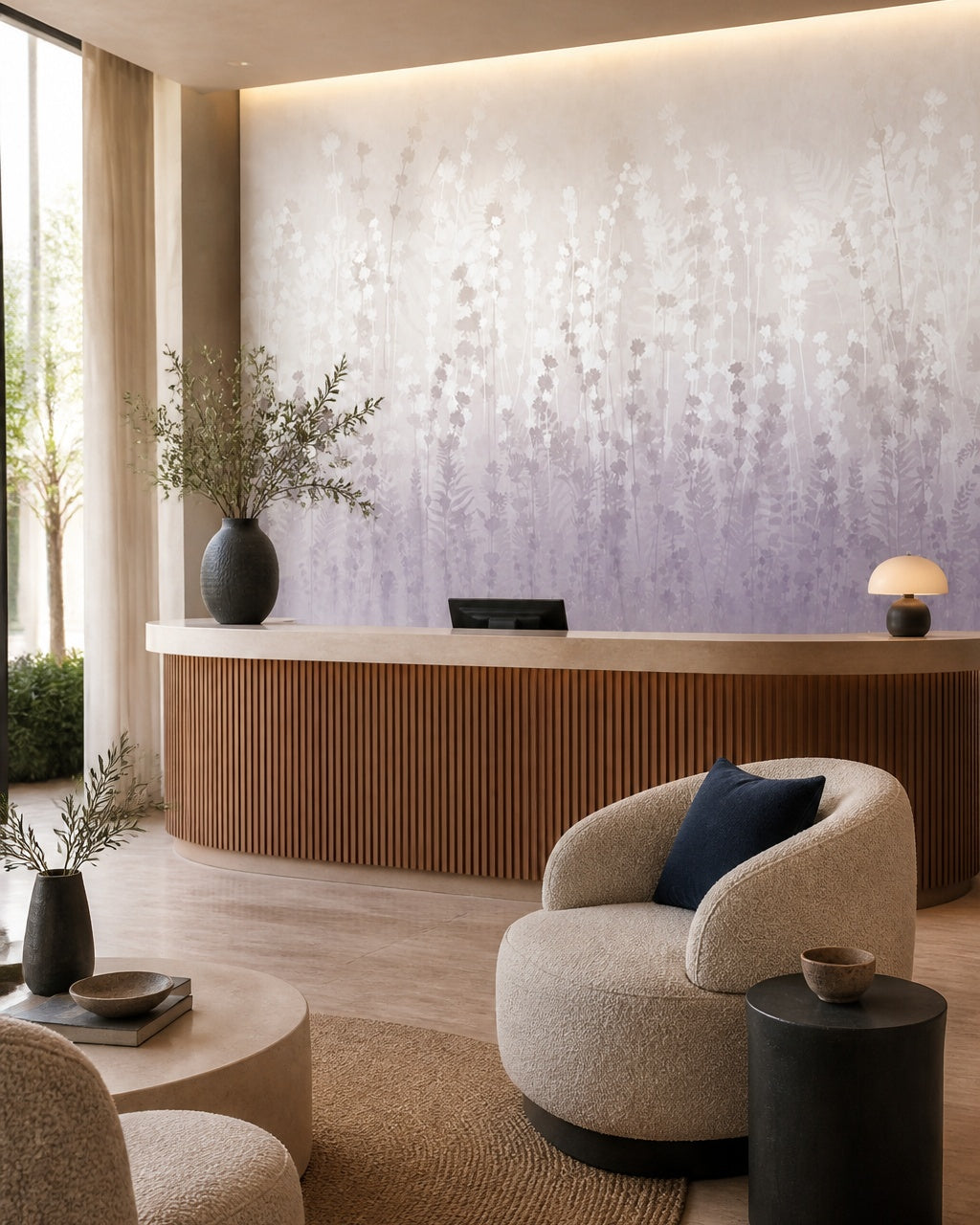 Lavender field wallpaper in a boutique hotel lobby.