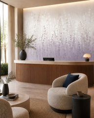 Lavender field wallpaper in a boutique hotel lobby.